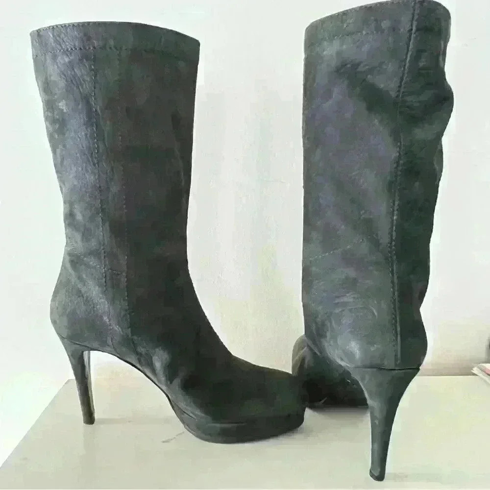 VERO CUIOIO BLACK LEATHER FUR HEELS OVAL TOE PLATFORM BOOTS SIZE 38 - Picture 8 of 16
